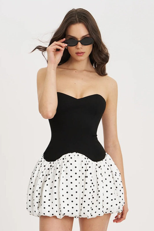 Polka Dot Strapless Sweetheart Bodice Bubble Hem Mini Dress