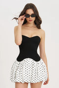 Black Strapless Sweetheart Polka Dot Bodycon Mini Dress
