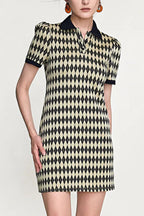 Diamond Argyle Knit Polo Collar Button Front Puff Sleeve Mini Dress