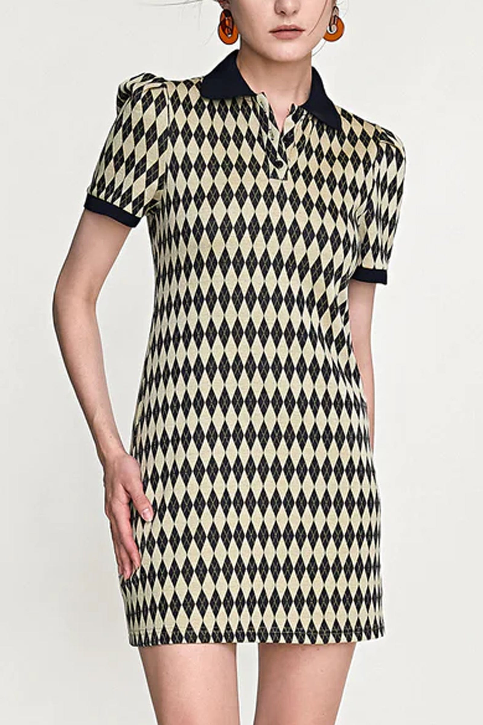 Diamond Argyle Knit Polo Collar Button Front Puff Sleeve Mini Dress