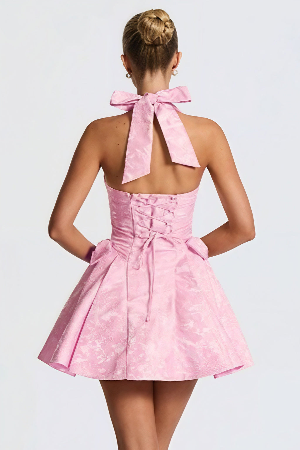 Pink Halter Deep V Neck Jacquard Floral Bow Detail Puff Skirt Mini Dress