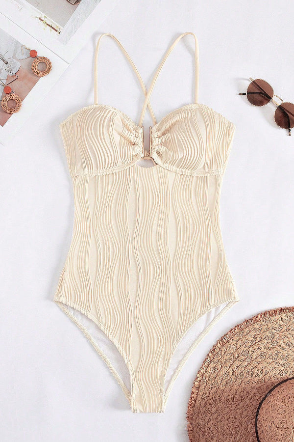 Unique Textured Thin Strap Backless Elastic One-piece Swimsuit
