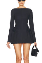 Boat Neck Long Sleeve Bow Hip Detail Structured A-Line Mini Dress