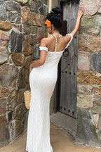 Lace Off Shoulder Sweetheart Ruffle Strap Column Maxi Dress