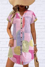 Geometric V-Neck Short Sleeve Button-Front Dress