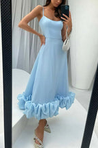 Spaghetti Strap Scoop Neck Ruffled Flounce Hem A-Line Maxi Dress