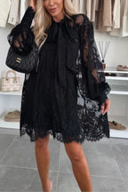 Iliana Effortless Night Rose a Line Mini Dress with Lace Bow and Long Balloon Sleeves Designer Edit