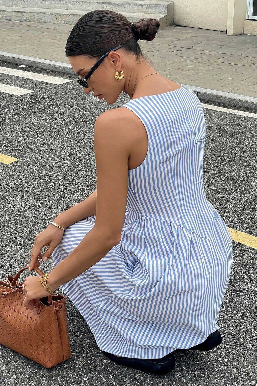 Square Neck Vertical Stripe Dropped Waist A Line Midi Dress