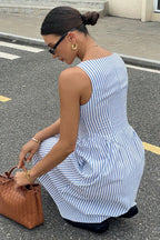 Square Neck Vertical Stripe Dropped Waist A Line Midi Dress
