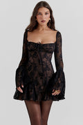 Floral Lace Square Neck Bell Sleeve Bustier Tie Front Mini Dress