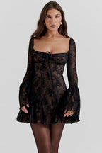 Floral Lace Square Neck Bell Sleeve Bustier Tie Front Mini Dress