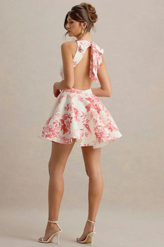 Floral Print Crew Neck Sleeveless Fit and Flare Skater Mini Dress