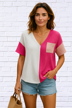 Color Block Johnny Collar Short Sleeve Blouse