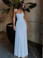 Solid Color Sleeveless Long Bodycon Dress With Back Tie Design