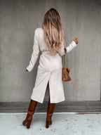 Solid Color Lapel Long Sleeve Woolen Simple Tie Coats