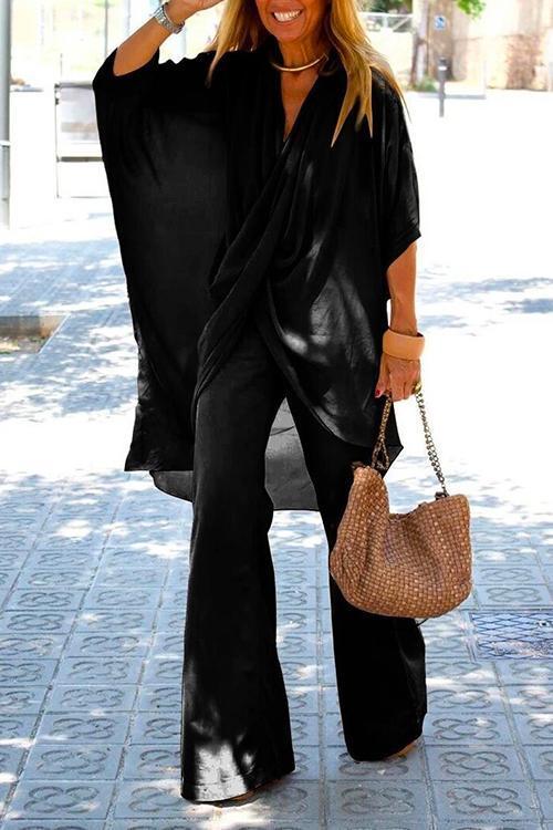 Cross Front Batwing Top Wide Leg Pants Cotton Linen Set