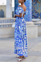 Off Shoulder Puff Sleeve Tile Print Tiered Maxi Dress