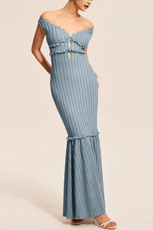 Ribbed Knit Off Shoulder Ruffle Keyhole Mermaid Flare Maxi Dress