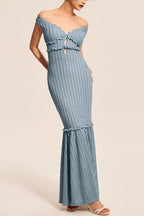 Ribbed Knit Off Shoulder Ruffle Keyhole Mermaid Flare Maxi Dress