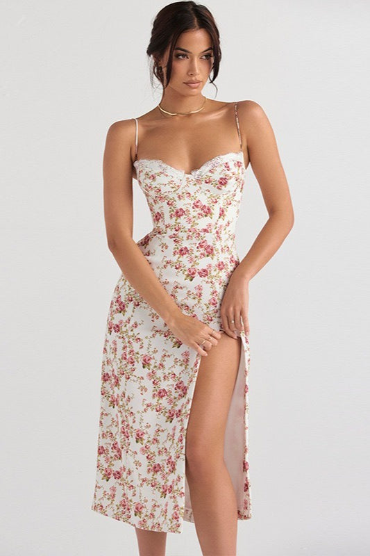 Spaghetti Strap Sweetheart Lace Trim Corset Bodice High Slit Midi Dress