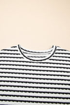 Black Stripe Knitted Short Sleeve Top and Drawstring Shorts Set