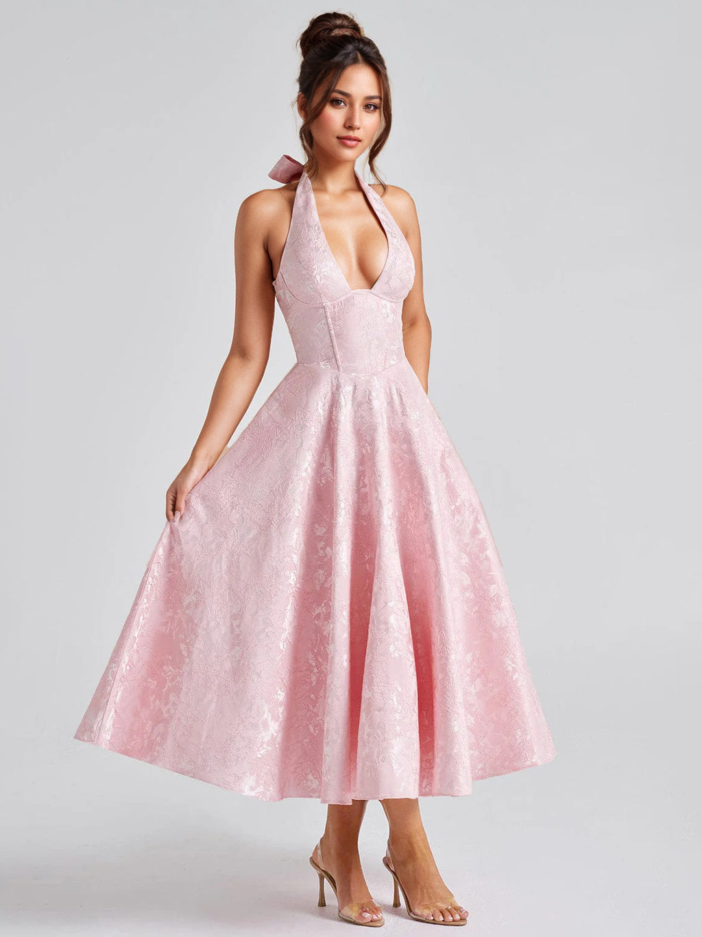 Soft Pink Floral Midi Dress Halter Summer A-line Vintage Dress For Women 2026