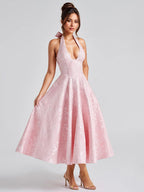 Soft Pink Floral Midi Dress Halter Summer A-line Vintage Dress For Women 2026