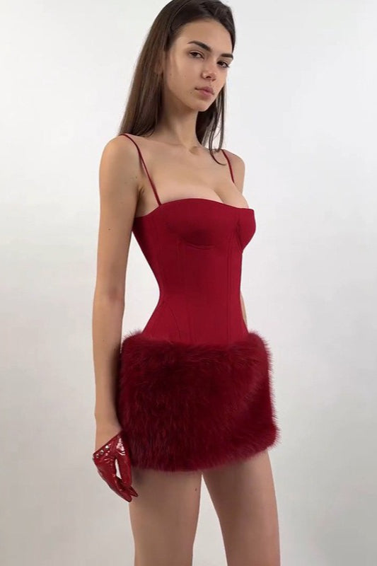 Spaghetti Strap Corset Bustier Faux Fur Trim Bodycon Mini Dress