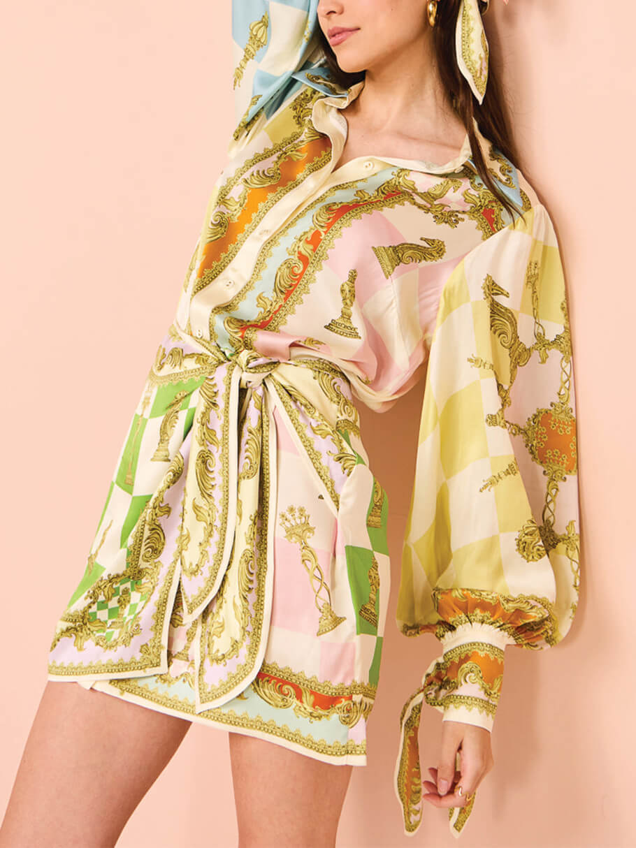 Collared Button Front Baroque Chess Print Tie Cuff Shirt and Wrap Mini Skirt Set