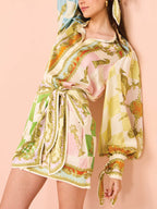 Collared Button Front Baroque Chess Print Tie Cuff Shirt and Wrap Mini Skirt Set