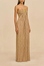 Golden Hour Metallic Pleated Strapless Maxi Dress