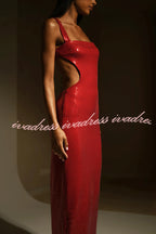 Eye Catching Sequin Cutout Waist Wide Strap Bacakless Maxi Dress