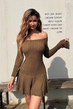 Off Shoulder Lace Bell Sleeve Ruffle Hem Bodycon Mini Dress