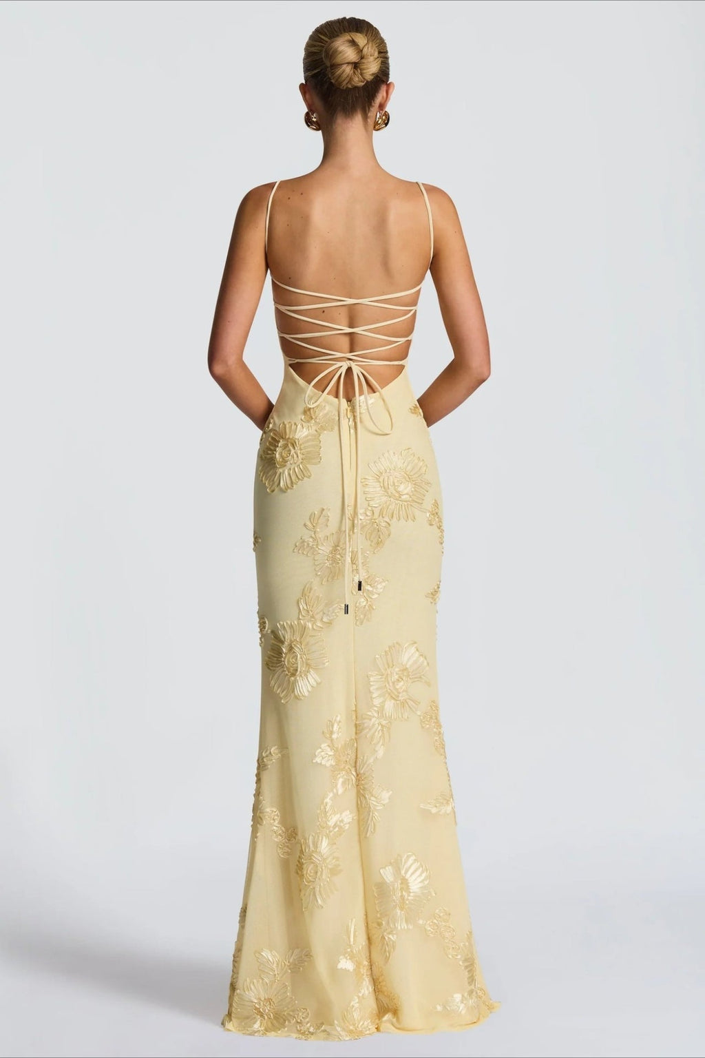 Spaghetti Strap Corset Bodice Floral Lace Appliqué Open Back Mermaid Maxi Dress