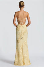 Spaghetti Strap Corset Bodice Floral Lace Appliqué Open Back Mermaid Maxi Dress