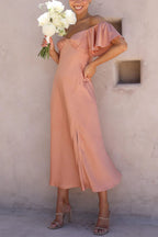 Satin Off Shoulder Flutter Sleeve Sweetheart Ruched Side Slit Midi Dress