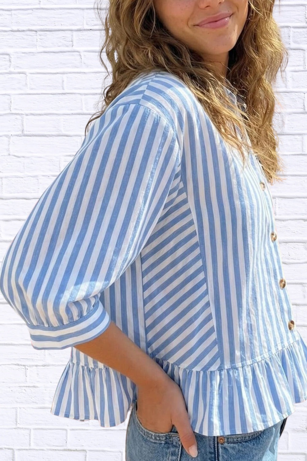 Striped Ruffle Hem Button-Down Shirt | Chic Women__ Top
