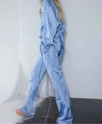 Blue Print Pockets Button Pants Office Two Piece Set
