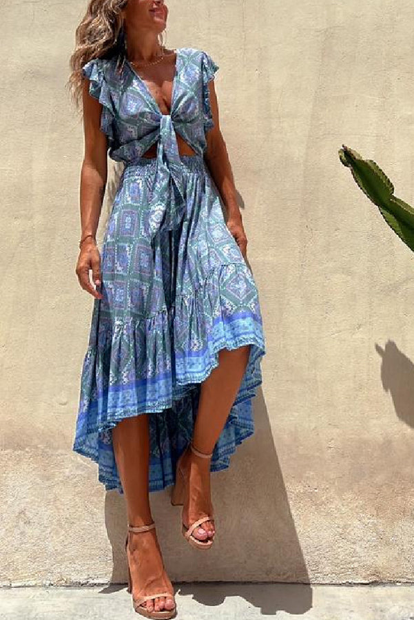 Boho Print Tie Front Crop Top Smocked High Low Two Piece Set