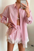 Linen Blend Shirt and Lace-trimmed Shorts Set