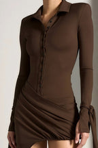 Collared Button Front Tie Cuff Asymmetrical Hem Mini Dress