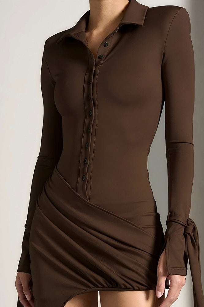 Collared Button Front Tie Cuff Asymmetrical Hem Mini Dress