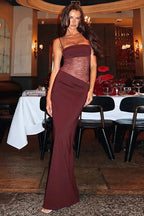 Halter Neck Sheer Lace Panel Cut Out Hip Satin Maxi Dress