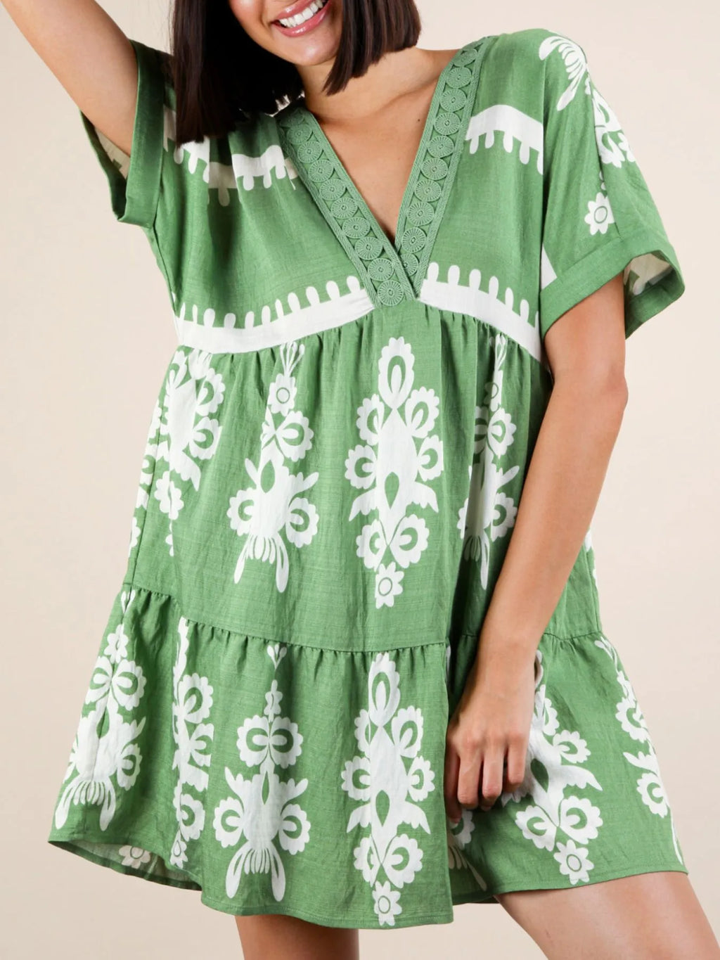Printed V-Neck Short Sleeve Mini Dress