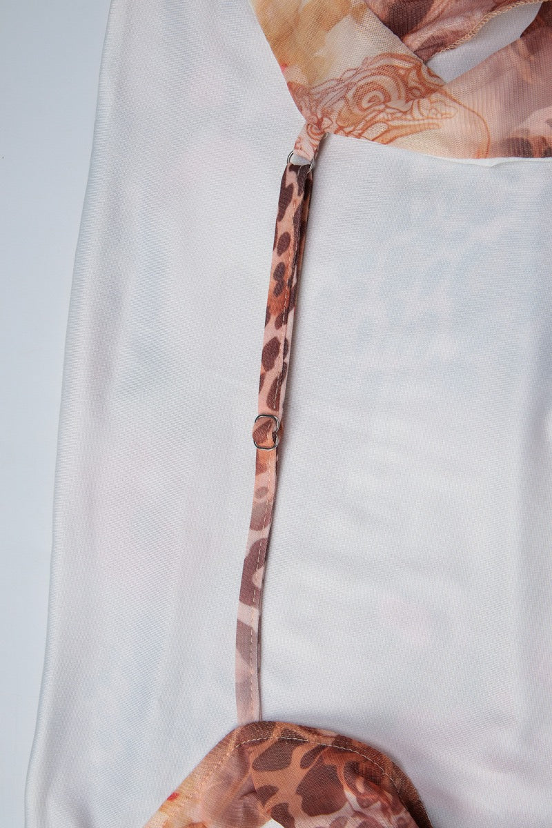 Apricot Cowl Neck Split Sleeve Print Mesh Mini Dress