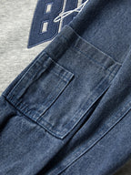 Denim Splice Letter Print Lapel Neck Oversized Hoodie