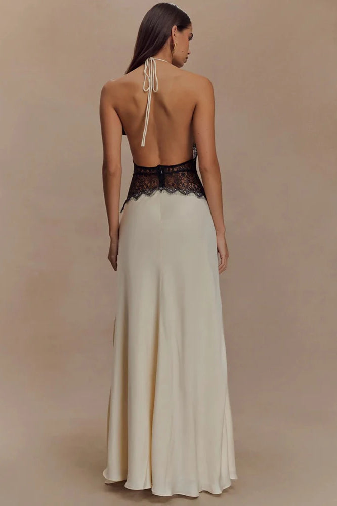 Lace Patchwork Backless Halter Dress