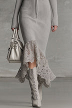 Solid Color Hooded Zip-up Long-sleeved Slim-fit Lace Hem Midi Dress