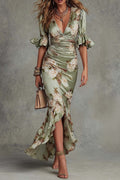 Floral Print V-neck Ruffled Short-sleeved Fitted Waist Pleated Maxi Dress