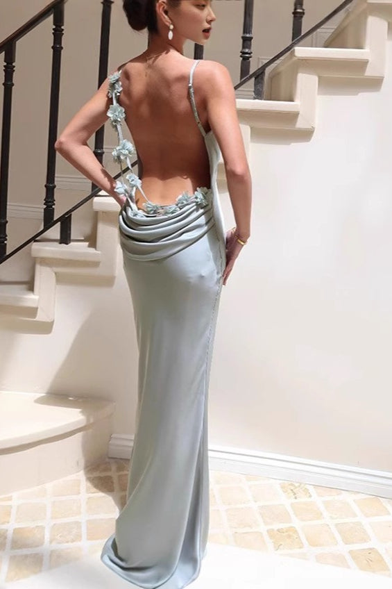 Satin Cowl Neck Spaghetti Strap Mermaid Hem Maxi Gown